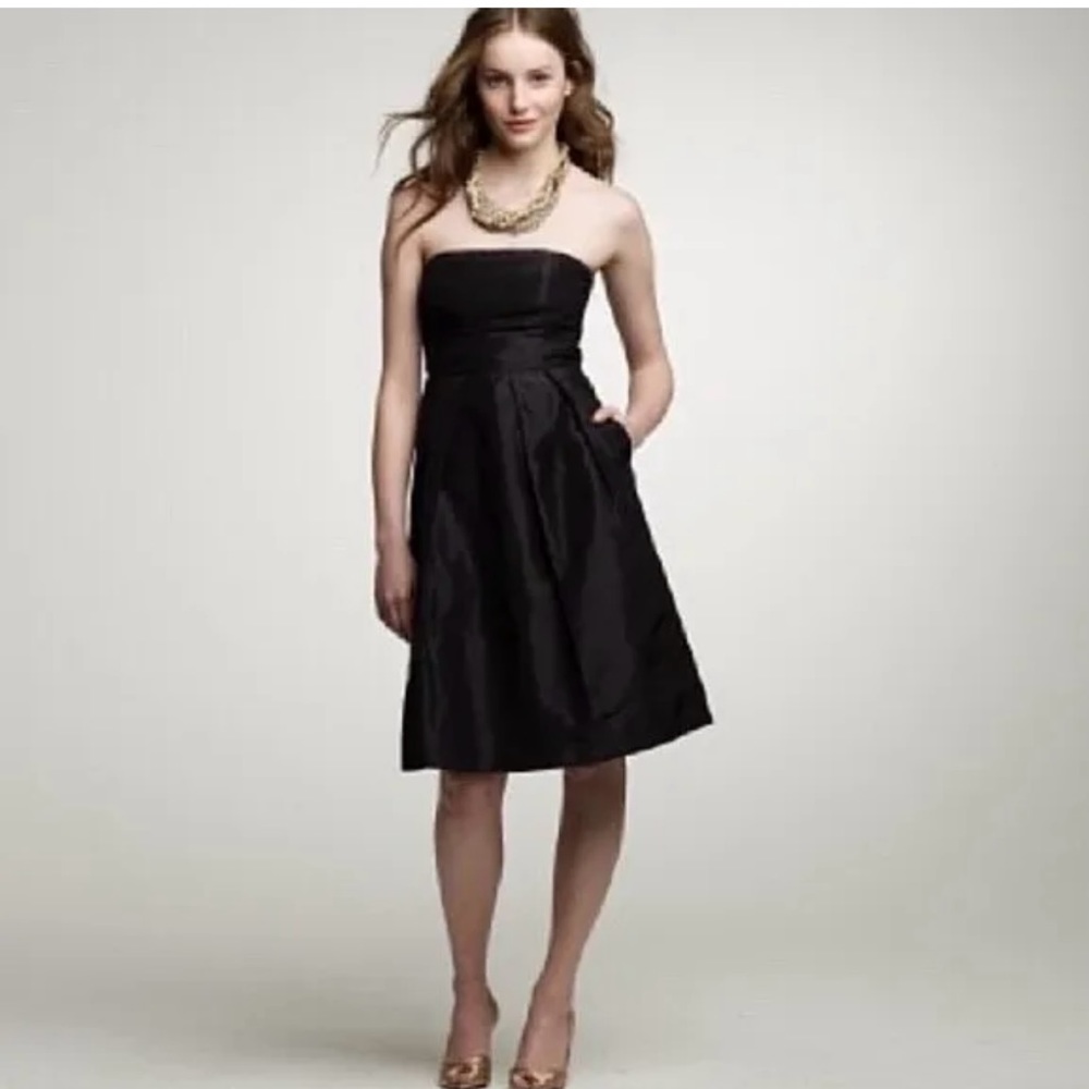 J CREW Black A-Line Silk Taffeta Strapless Cocktail Dress Sz 8